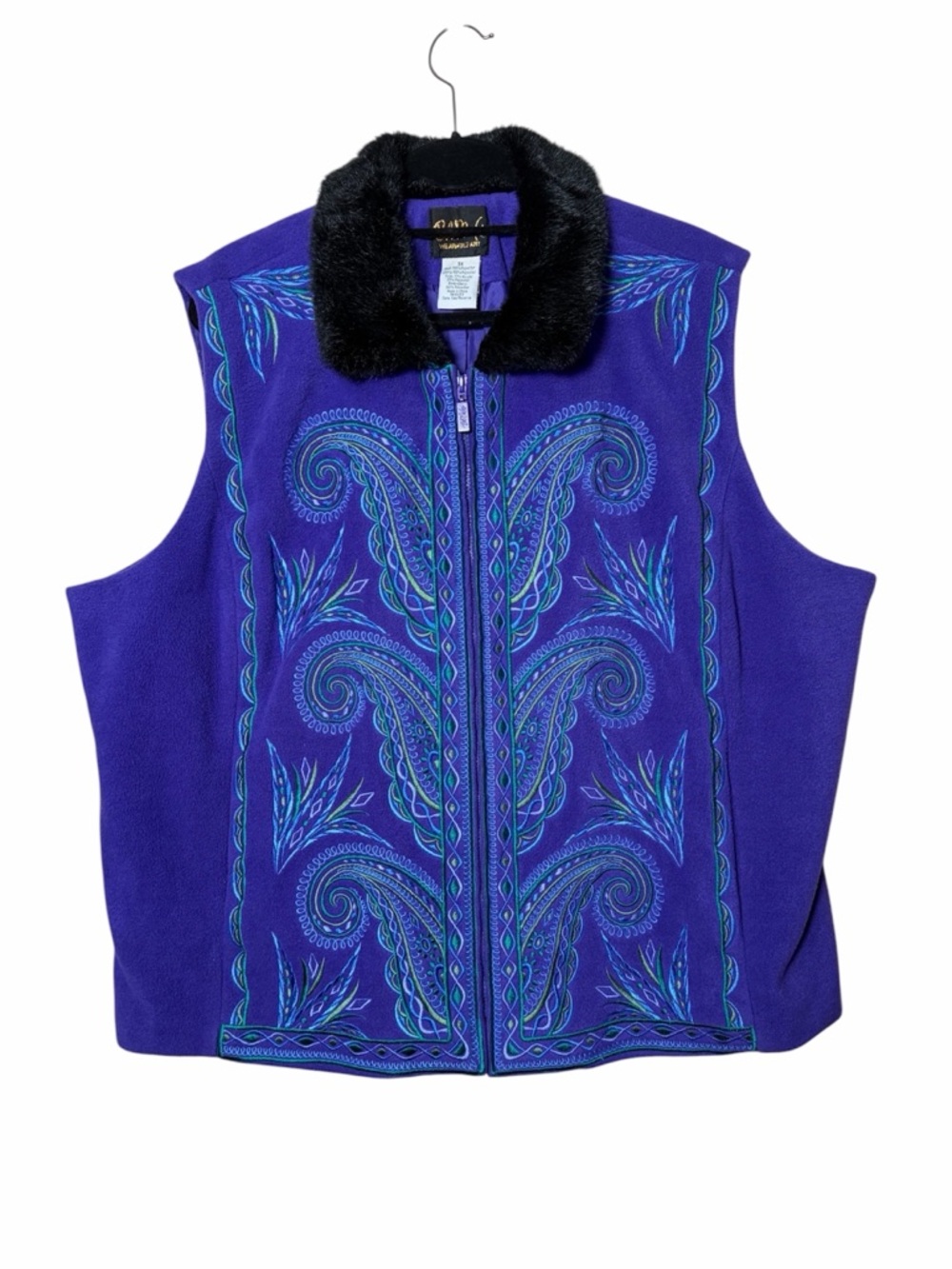 Vintage Bob Mackie Wearable Art Purple Fleece Vest With Faux Fur Collar Size 3X